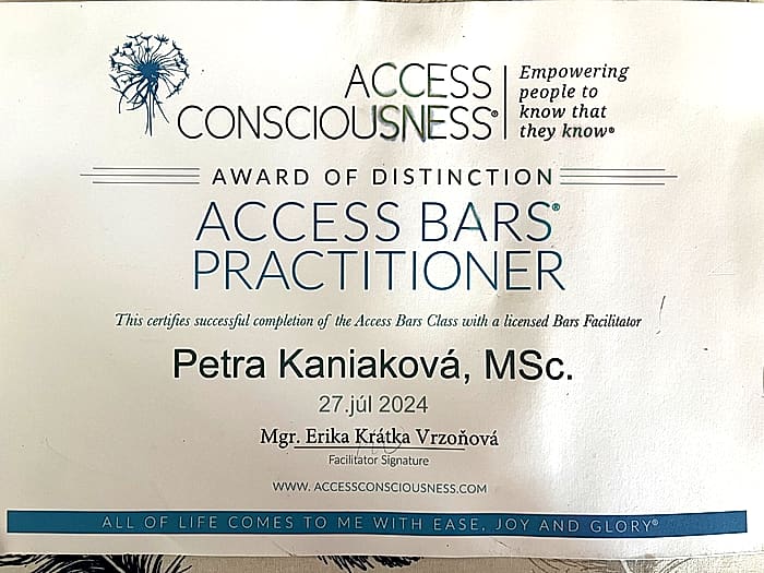 Access Bars Practitioner certifikát – Access Consciousness, 2024