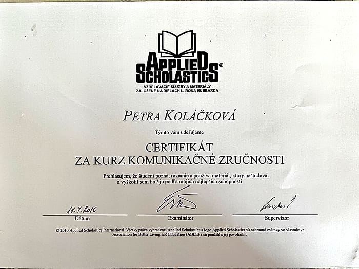 Certifikát za kurz Komunikačné zručnosti – Applied Scholastics, 2016