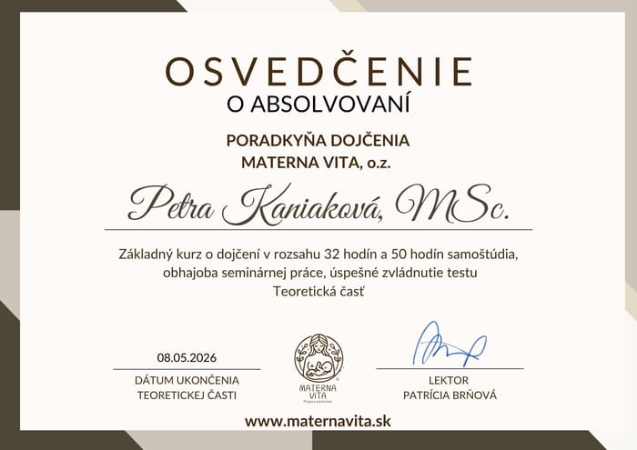 Osvedčenie o absolvovaní – Poradkyňa dojčenia, Materna Vita