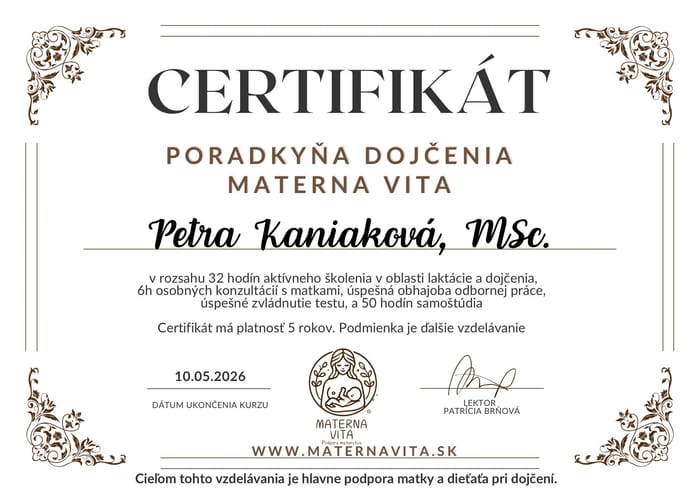Certifikát Poradkyňa dojčenia – Materna Vita
