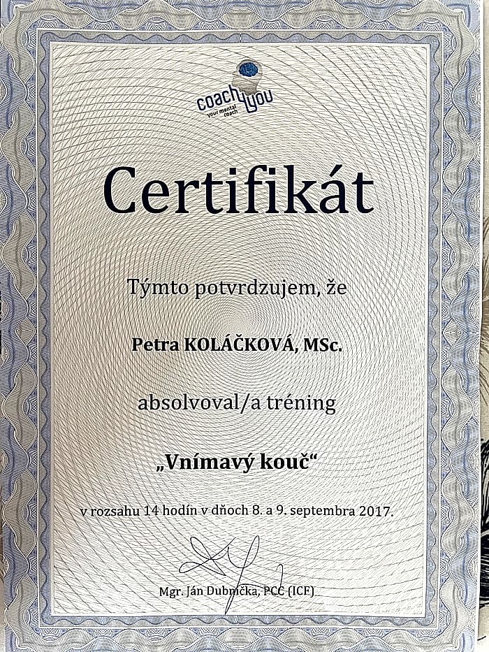 Certifikát Vnímavy kouč – Coach4You, 2017